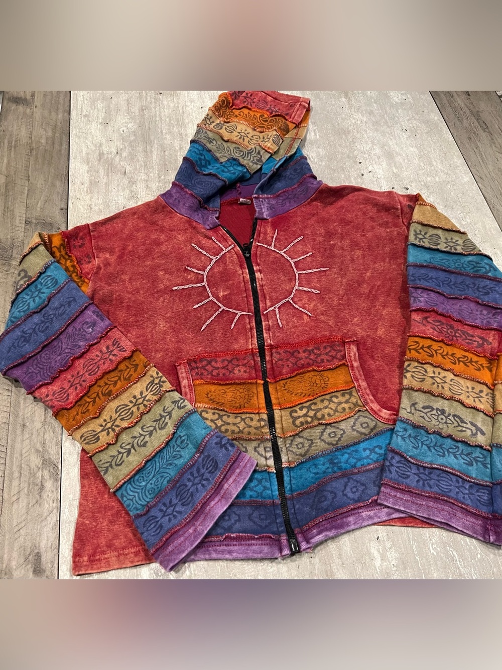 Handcrafted in Nepal Vintage artisan patchwork hoodie zip up jacket size S/M